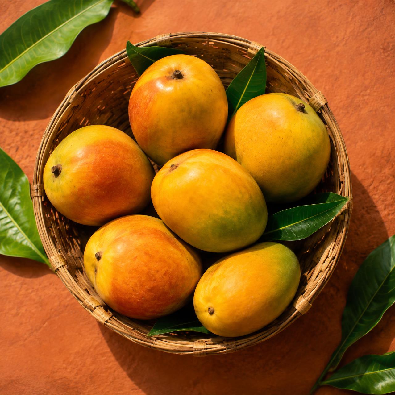 Basket of ripe Indian mangoes with leaves